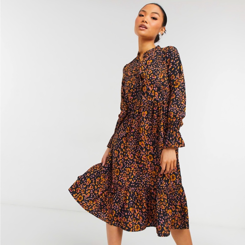 Vero Moda Petite midi dress with high neck in animal print
